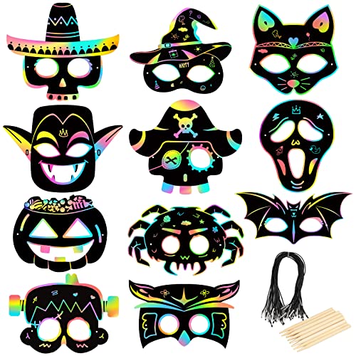 LANMOK 22Pcs Halloween Masques Enfants en Papier Scratch Art