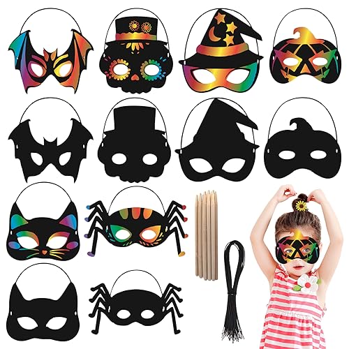 TECHEEL Lot de 12 masques à gratter pour enfants, avec cordo