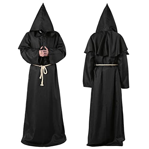 Prêtre Peignoir, Noir moine robe avec Capuchon et Ceinture, 