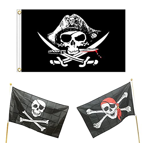 Lot de 3 drapeaux de crâne, drapeaux de fête pirate, drapeau