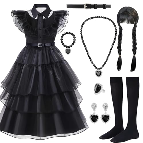 AWFENGL Robe noire Halloween pour fille, 8 Pièces Robe Costu