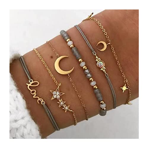 Edary Lot de 6 bracelets boho Étoiles et lune en perles et p