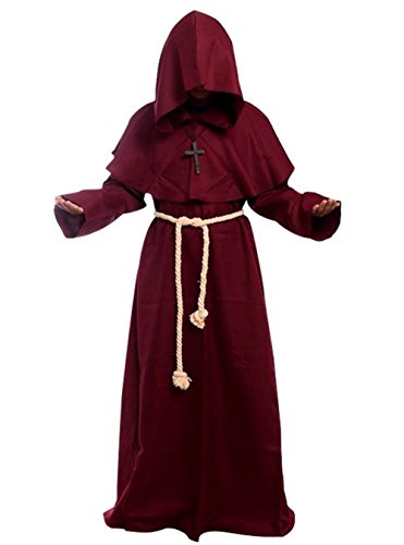 Amayar - Costume de soutane de moine avec capuche, bordeaux,
