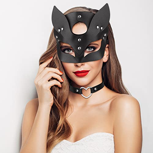 Hifot 2 Pièces Masque Catwoman Femme, Collier Cœur PU Masque