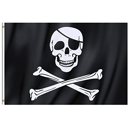 Grand Drapeau de Pirate Noir Jolly Roger Crâne et Os 90 x 15