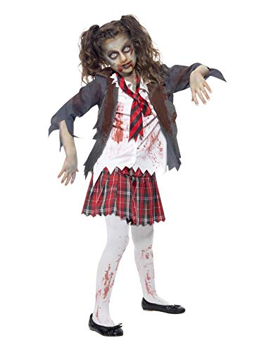 Smiffys Costume écolière zombie, Gris, avec jupe, veste, fau