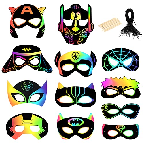 LANMOK 24pcs Masques de Super-héros à Gratter Scratch Art Pa