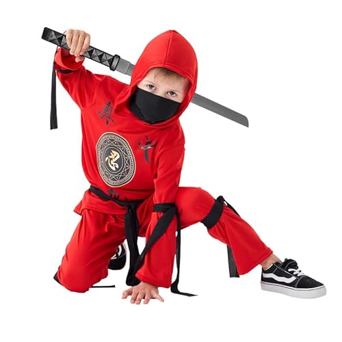 Udekit Costume de Ninja Rouge avec Capuche, Pantalon, Rubans