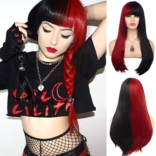 Perruque Femme Moitié Rouge&Noir Longue Perruque de Cheveux 
