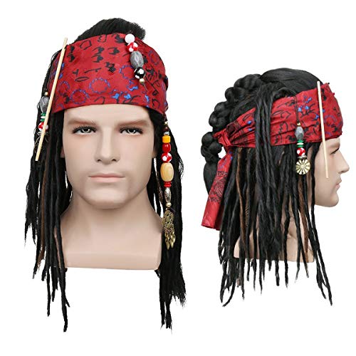 NUWIND Perruque Pirate de Caraibe avec Tresse Perle et Rouge